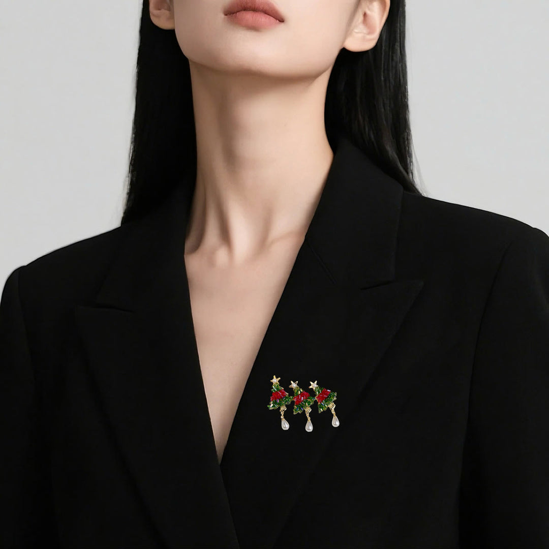 Festive Beaded Christmas Tree with Pearl Drop Holiday Brooch - image 1