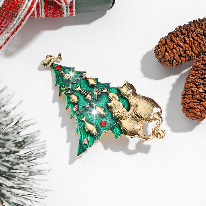 Festive Enamel Christmas Tree with Cat and Fish Dual-Tone Brooch - image 1