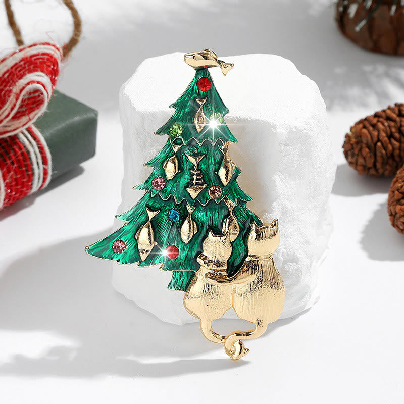 Festive Enamel Christmas Tree with Cat and Fish Dual-Tone Brooch - Green - image 0