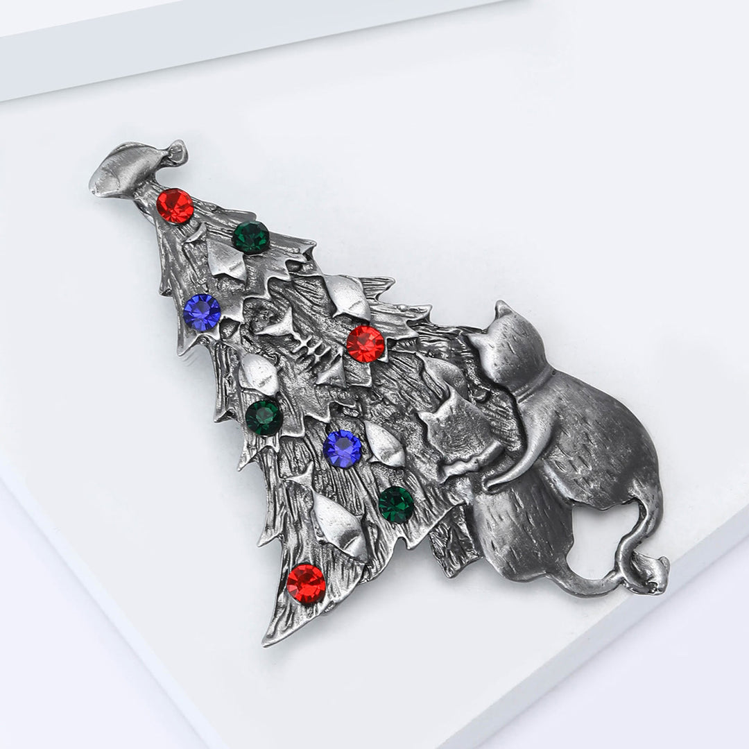 Festive Enamel Christmas Tree with Cat and Fish Dual-Tone Brooch - image 9