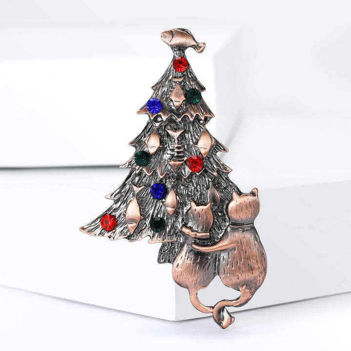 Festive Enamel Christmas Tree with Cat and Fish Dual-Tone Brooch - image 5