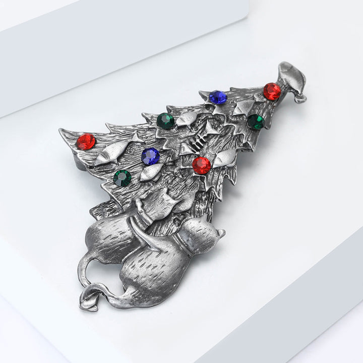Festive Enamel Christmas Tree with Cat and Fish Dual-Tone Brooch - image 10