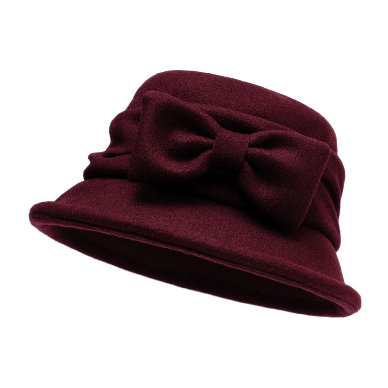 Women's Bowknot Decor Soft Felt Bucket Hat - Wine red - M (22-22 7/8") - image 9
