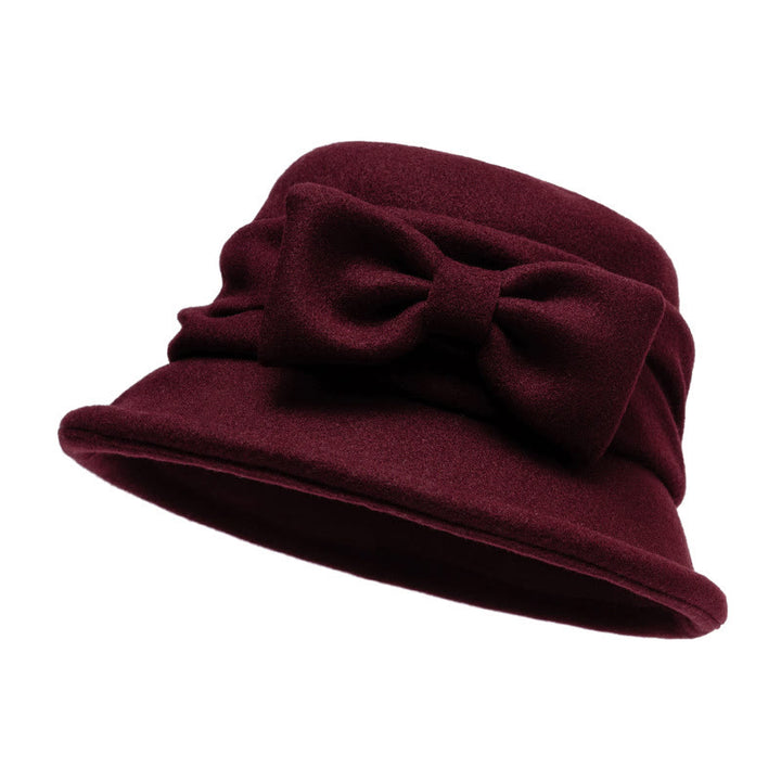Women's Bowknot Decor Soft Felt Bucket Hat - Wine red - M (22-22 7/8") - image 9