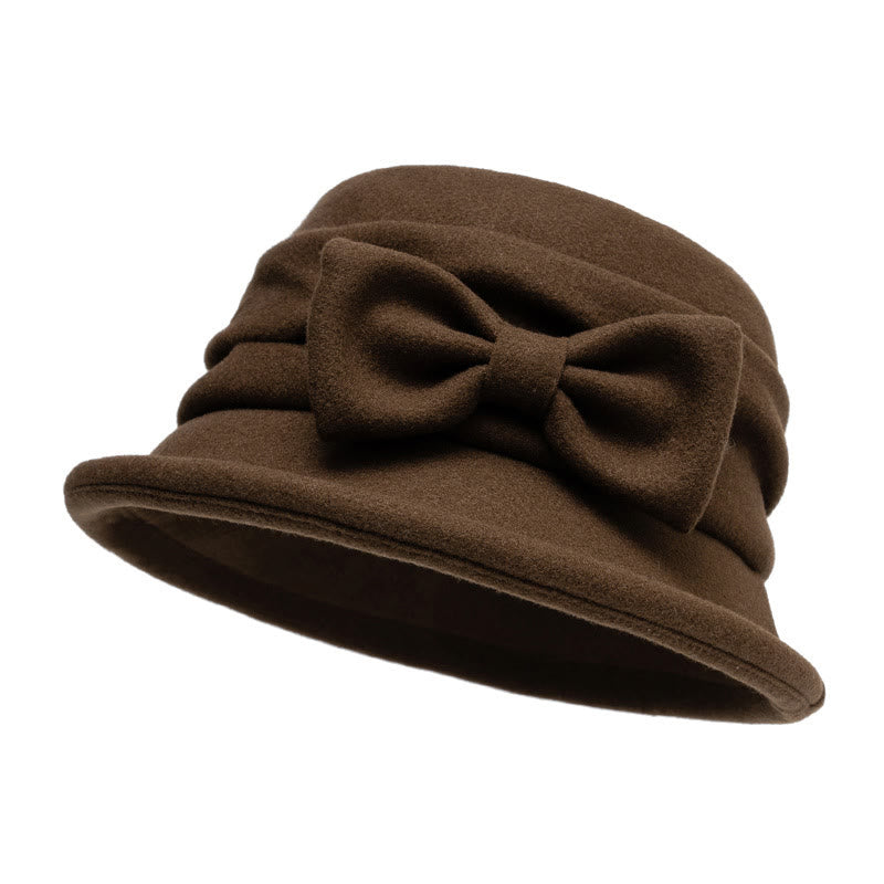 Women's Bowknot Decor Soft Felt Bucket Hat - Coffee - M (22-22 7/8") - image 11