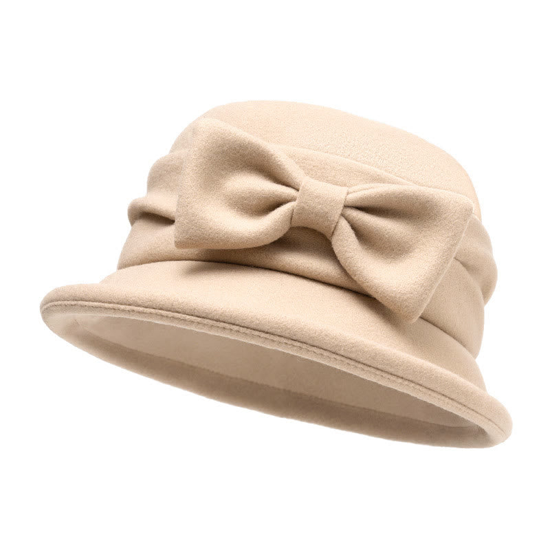 Women's Bowknot Decor Soft Felt Bucket Hat - Beige - M (22-22 7/8") - image 0