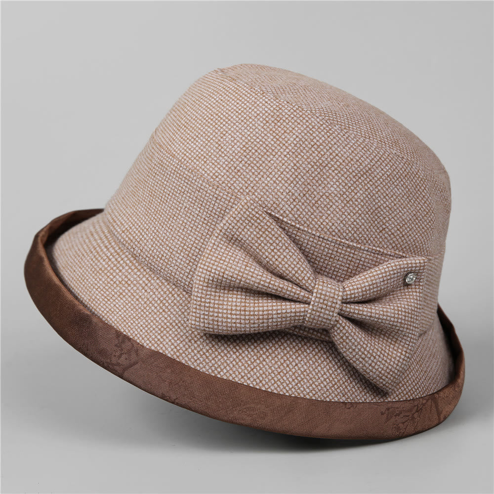 Women's Elegant Plaid Bowknot Rhinestone-trimmed Bucket Hat - image 1