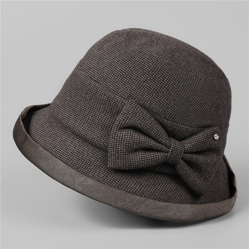 Women's Elegant Plaid Bowknot Rhinestone-trimmed Bucket Hat - Black Gray - M (22-22 7/8") - image 8
