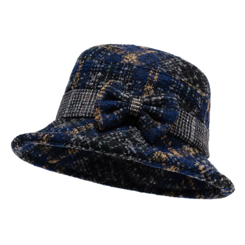 Women's Mottled Texture Bowknot-Accented Wool Blend Bucket Hat - Navy Blue - M (22-22 7/8") - image 9