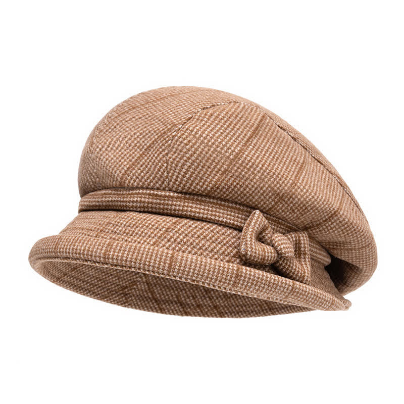 Women's Plaid Bowknot Decor Warm Beret Hat - Camel - M (22-22 7/8") - image 9
