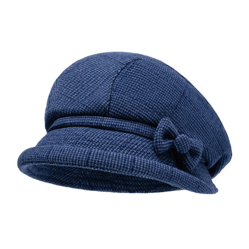 Women's Plaid Bowknot Decor Warm Beret Hat - Navy - M (22-22 7/8") - image 10