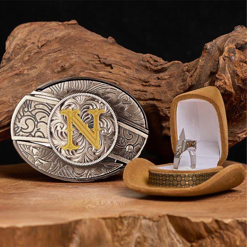 Initial Letter DIY Hidden Knife Belt Buckle Functional Ring Bundle Set - N - Without Belt - image 19
