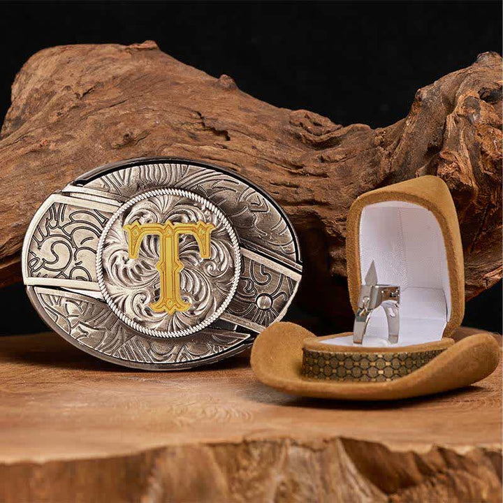 Initial Letter DIY Hidden Knife Belt Buckle Functional Ring Bundle Set - T - Without Belt - image 25