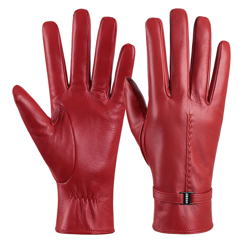 Elegant Women's Orange Leather Warm Winter Gloves - Red - L - image 4