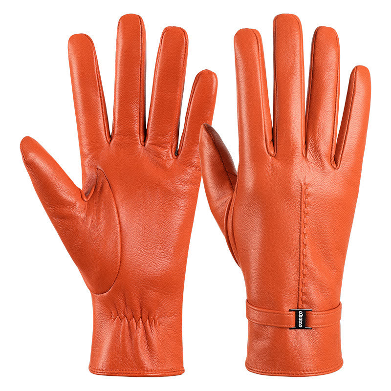 Elegant Women's Orange Leather Warm Winter Gloves - Orange - L - image 1