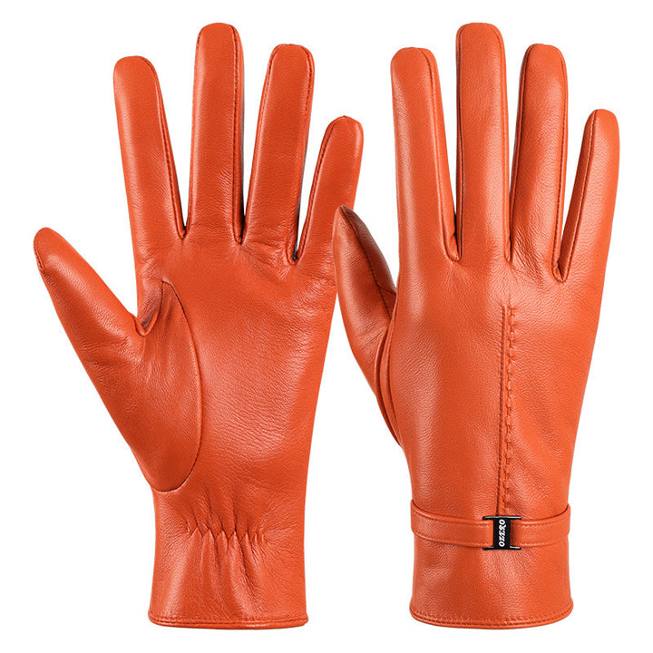 Elegant Women's Orange Leather Warm Winter Gloves - Orange - L - image 1