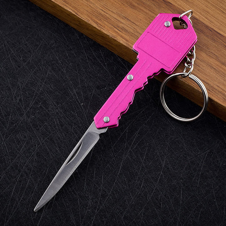 Mini Camping Folding Key-Shaped Knife Keychain - Hot Pink - image 15