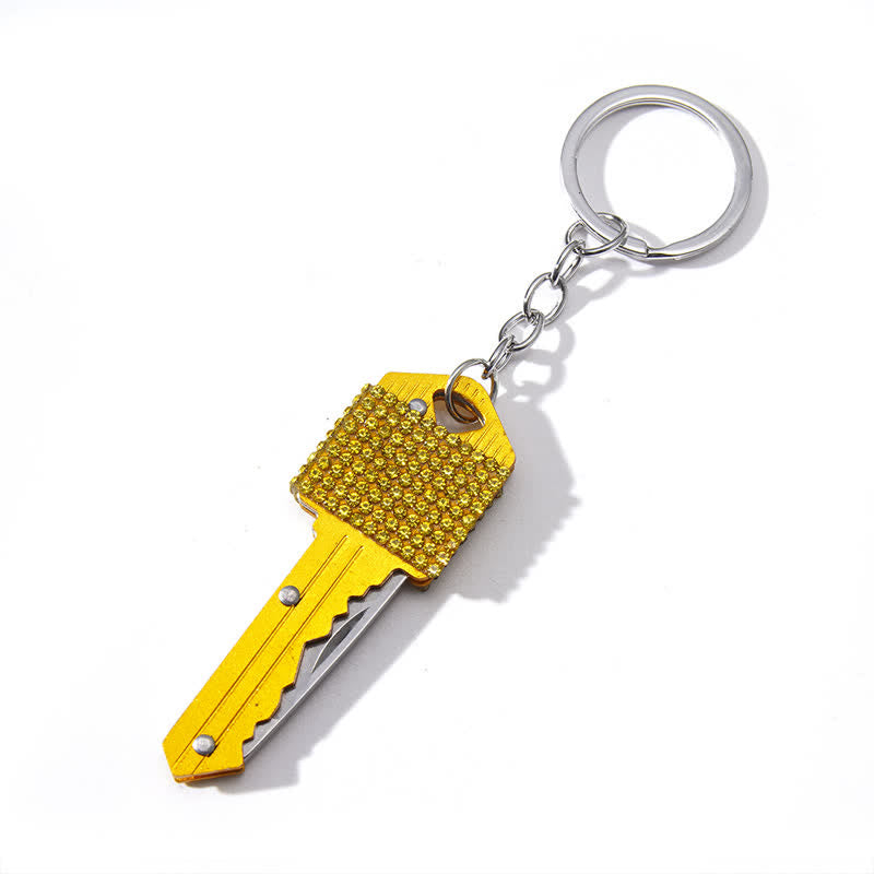Shining Rhinestones Folding Key-Shaped Knife Keychain - Yellow - image 8