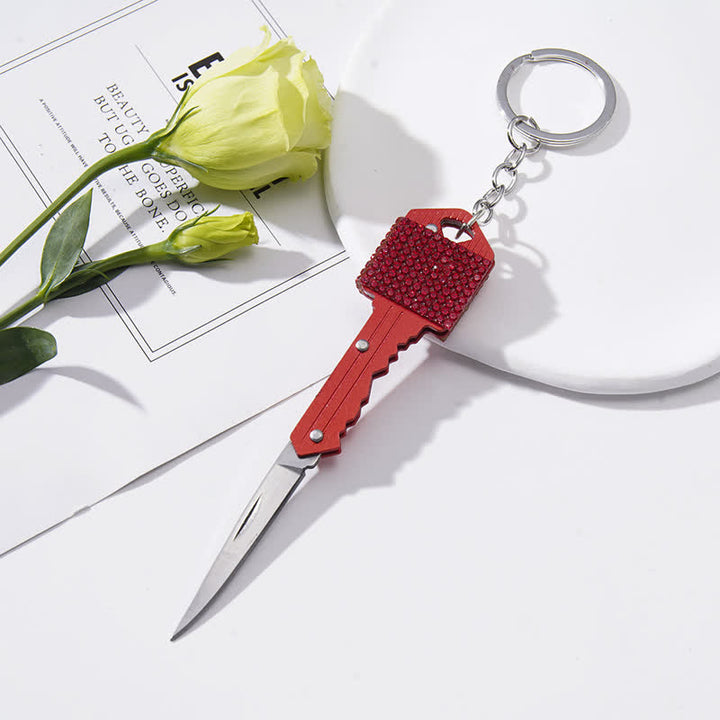 Shining Rhinestones Folding Key-Shaped Knife Keychain - Red - image 3