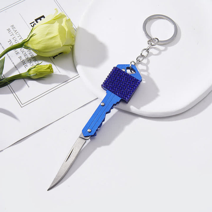 Shining Rhinestones Folding Key-Shaped Knife Keychain - Blue - image 6