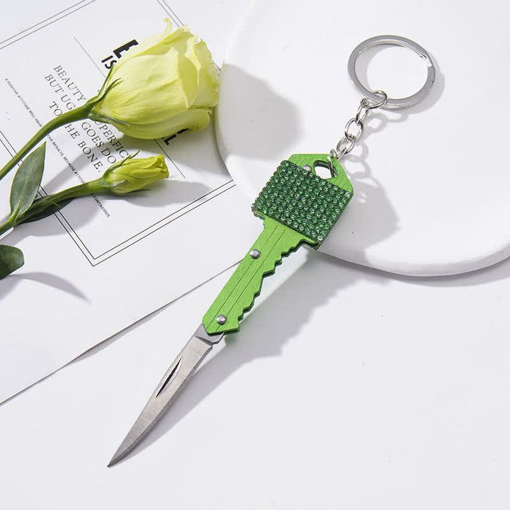 Shining Rhinestones Folding Key-Shaped Knife Keychain - Green - image 5