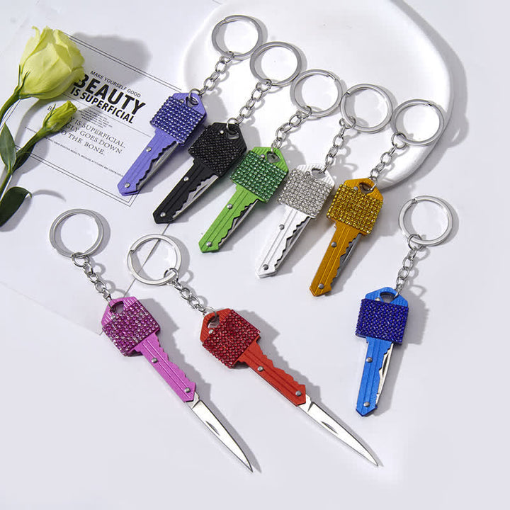 Shining Rhinestones Folding Key-Shaped Knife Keychain - image 0