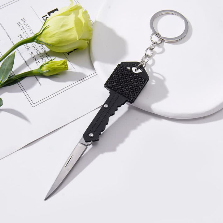 Shining Rhinestones Folding Key-Shaped Knife Keychain - Black - image 2