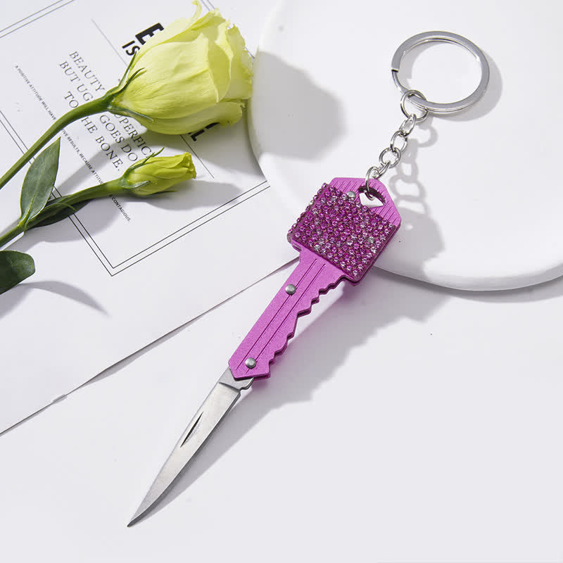 Shining Rhinestones Folding Key-Shaped Knife Keychain - Pink - image 4