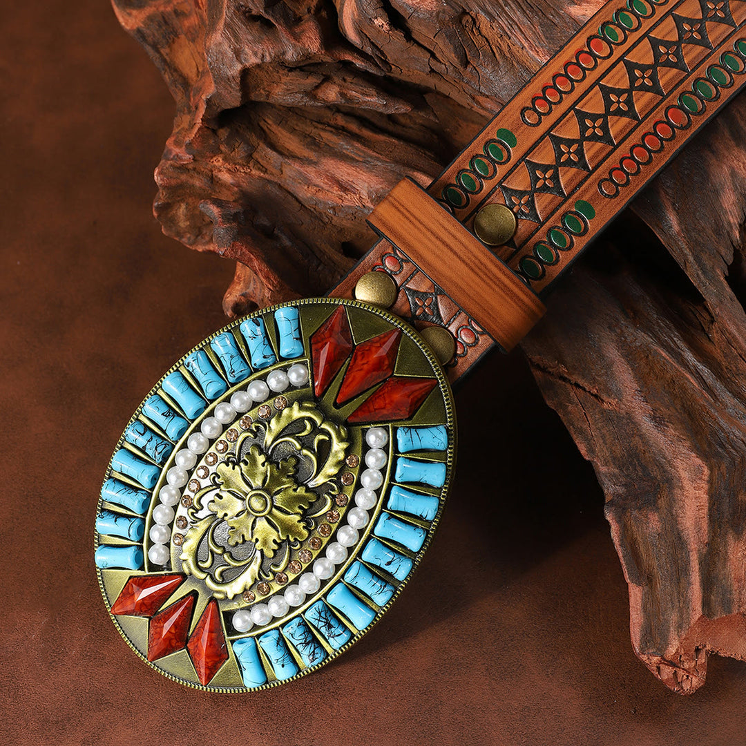Turquoise Pearl Red Gem Retro Pattern Buckle Floral Embossed Leather Belt - image 2