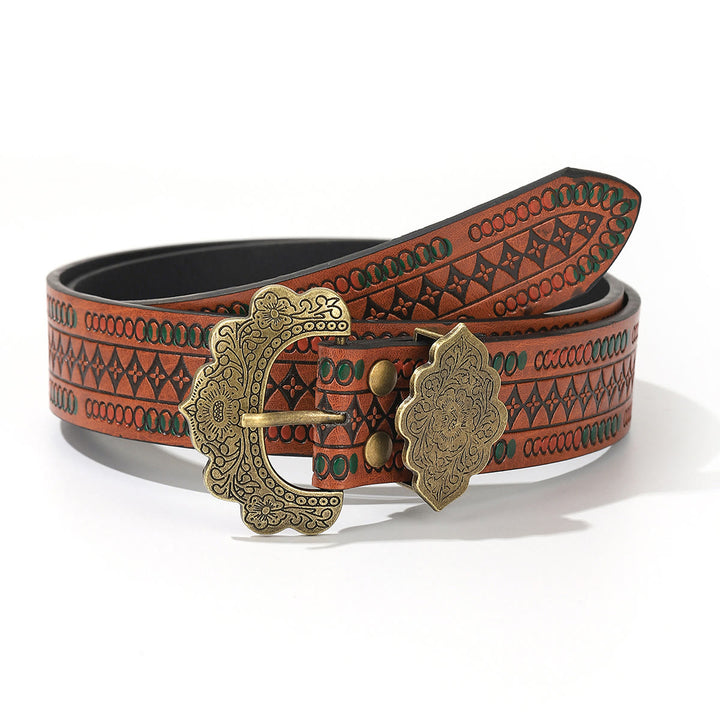 Vintage Brass Floral Carved Buckle Brown Geometric Patterned Leather Belt - Style #1 - 38 - image 0