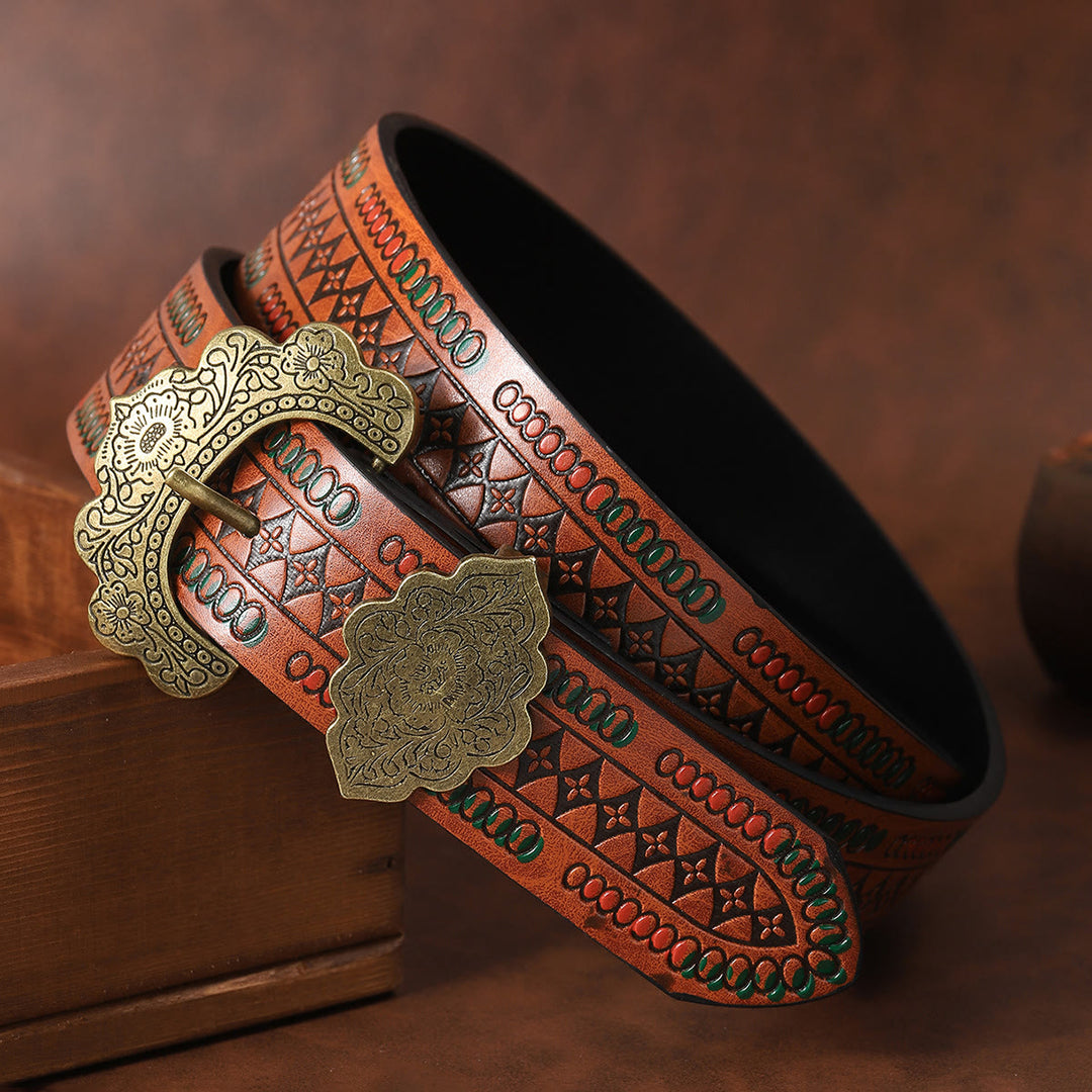 Vintage Brass Floral Carved Buckle Brown Geometric Patterned Leather Belt - image 2