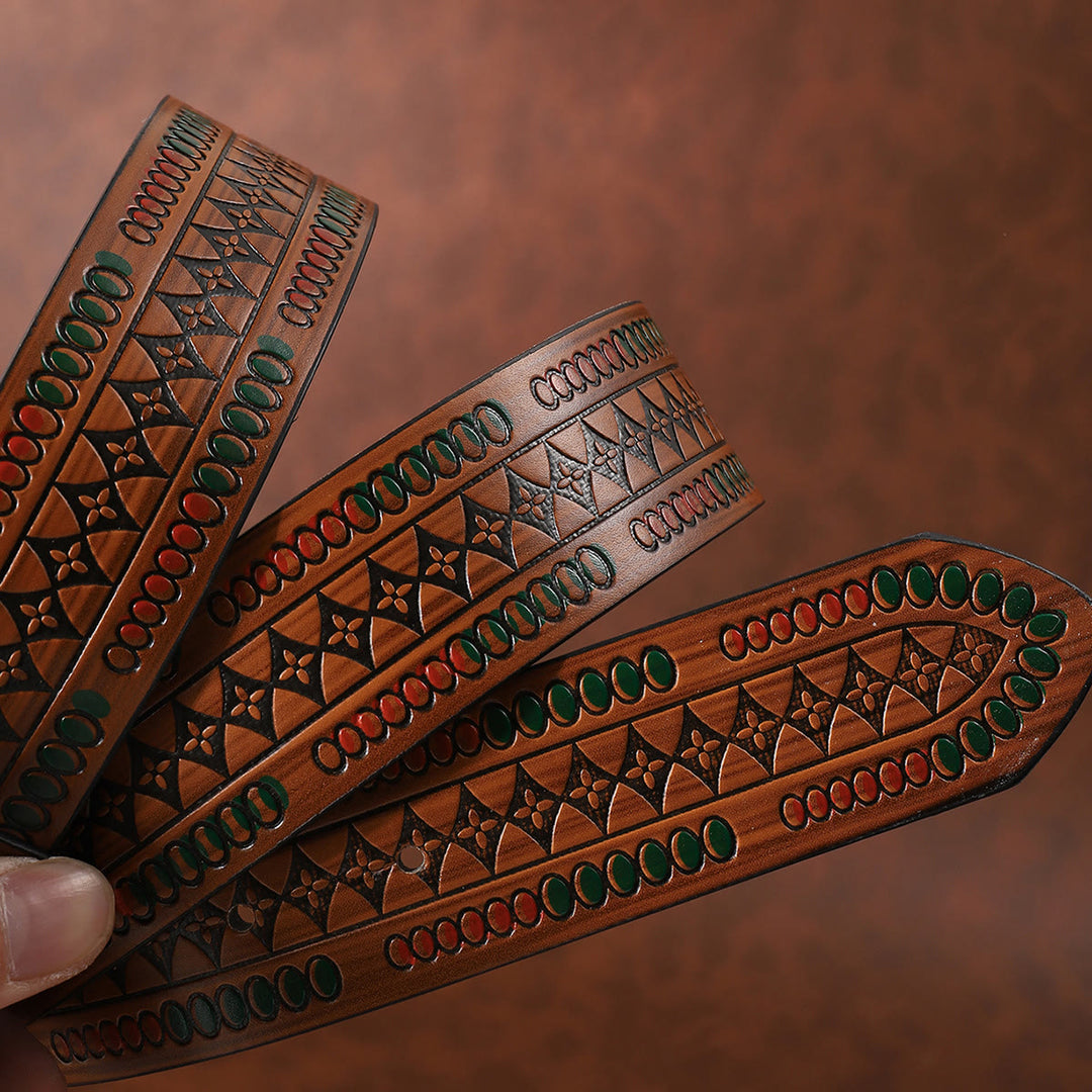 Vintage Brass Floral Carved Buckle Brown Geometric Patterned Leather Belt - image 3