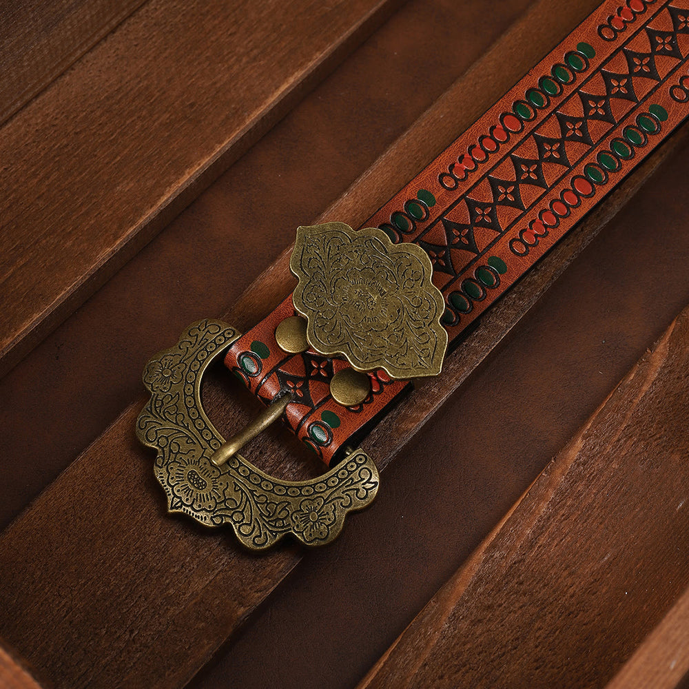 Vintage Brass Floral Carved Buckle Brown Geometric Patterned Leather Belt - image 1