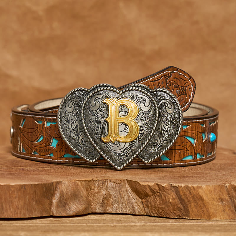 Golden Letter Heart-Shaped Buckle Leather Belt - B - Turquoise Carved Belt - 40 - image 2