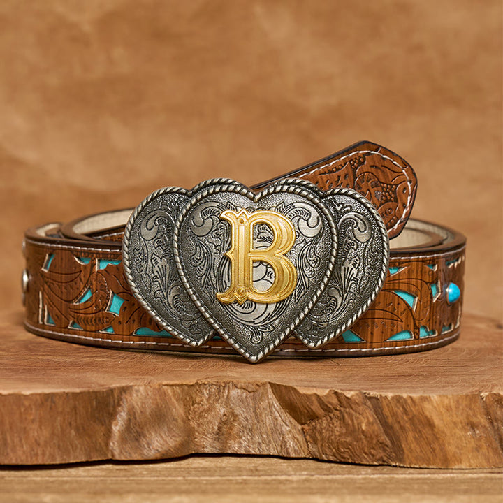 Golden Letter Heart-Shaped Buckle Leather Belt - B - Turquoise Carved Belt - 40 - image 2