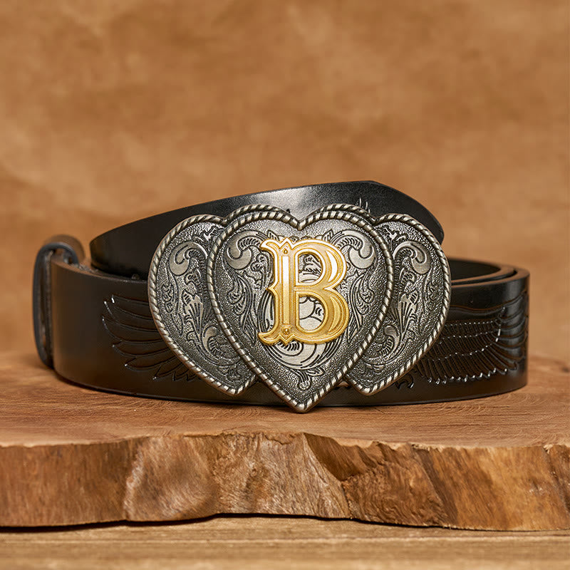 Golden Letter Heart-Shaped Buckle Leather Belt - B - Black Embossed Eagle Belt - 40 - image 1