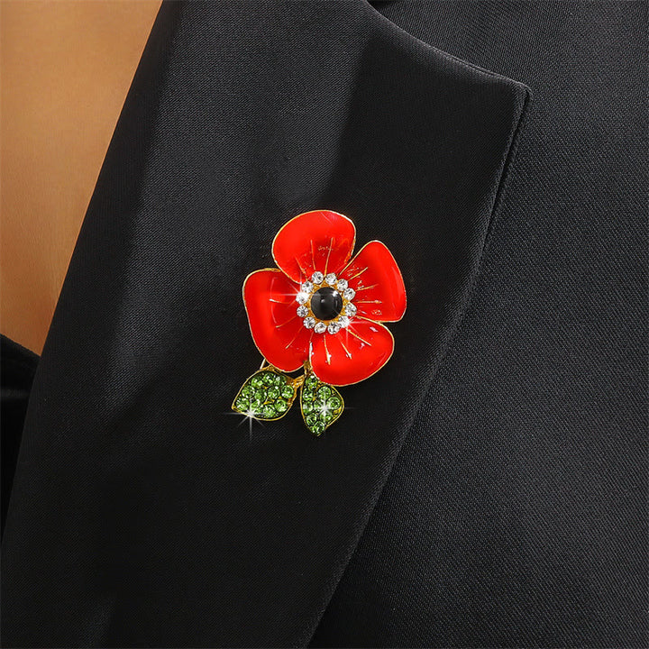 Vibrant Red Poppy Glossy Petal Sparkling Crystal-Adorned Leaf Gold Rim Brooch - image 3