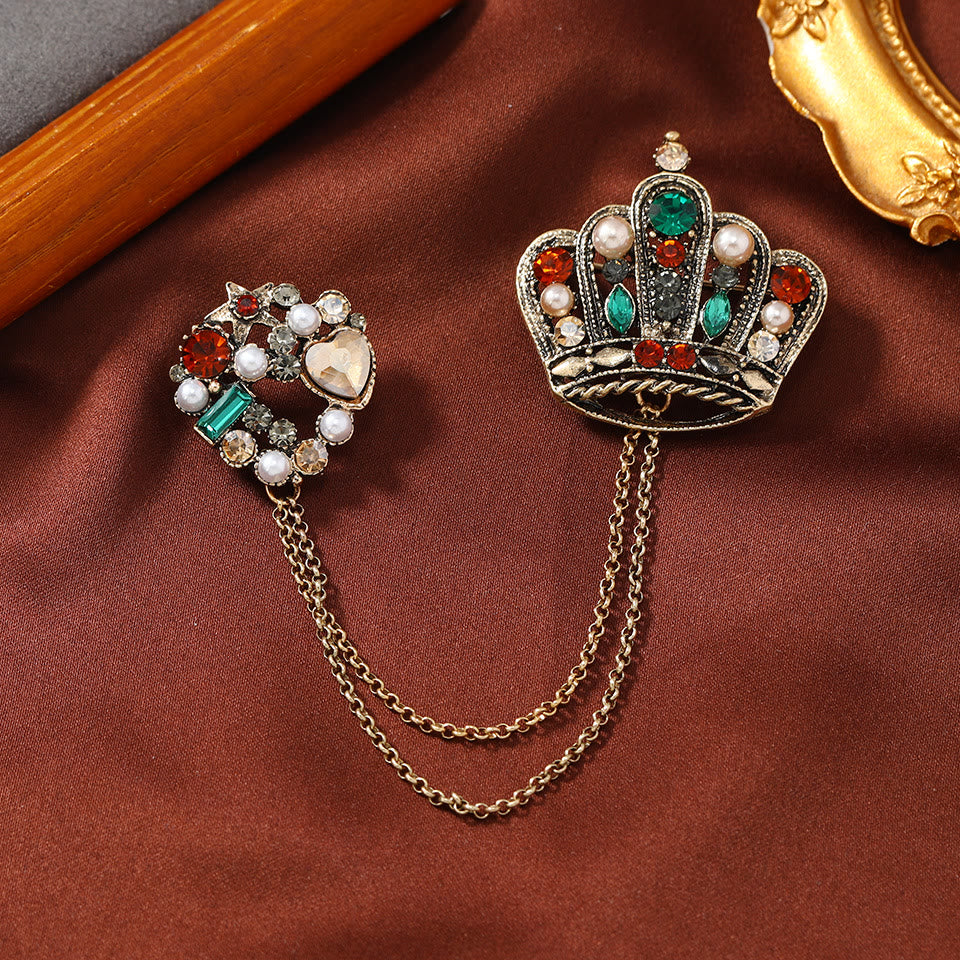 Vintage Gem-Adorned Crescent Double-Chain Gold Accent Brooch - Style #4 - image 3