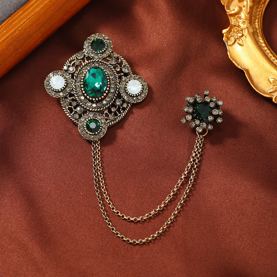 Vintage Gem-Adorned Crescent Double-Chain Gold Accent Brooch - Style #6 - image 5