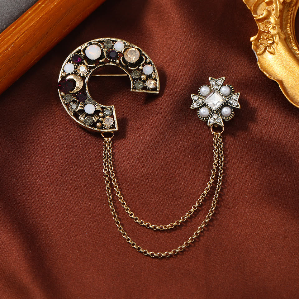 Vintage Gem-Adorned Crescent Double-Chain Gold Accent Brooch - Style #5 - image 4