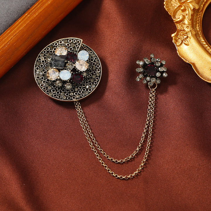 Vintage Gem-Adorned Crescent Double-Chain Gold Accent Brooch - Style #2 - image 1