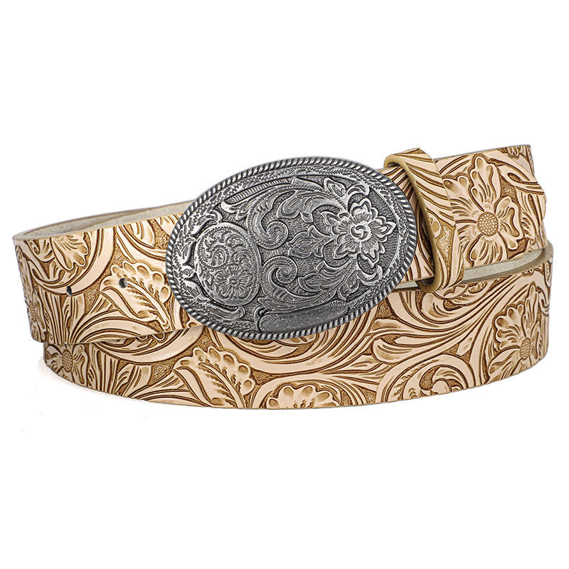 Men's Retro Silver Oval Carved Buckle Leather Belt - Khaki - 40 - image 1