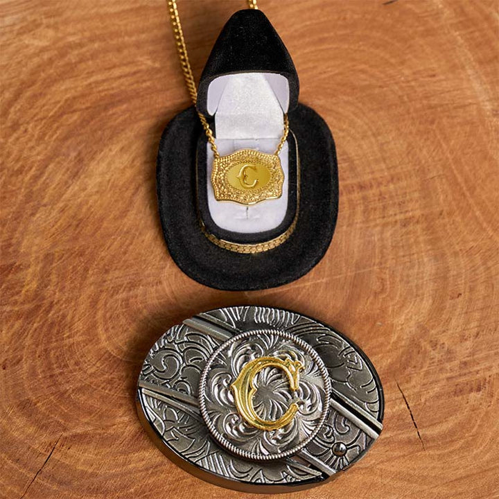 Initial Letter DIY Hidden Knife Belt Buckle Gold Necklace Bundle Set - C - Without Belt - image 8
