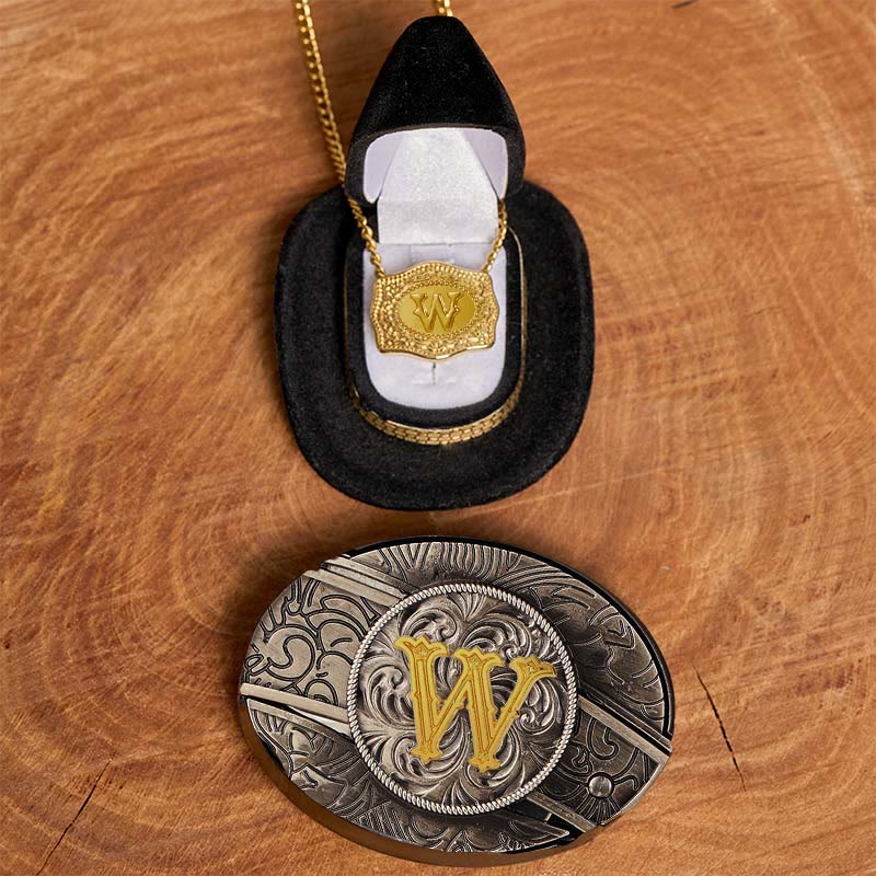 Initial Letter DIY Hidden Knife Belt Buckle Gold Necklace Bundle Set - W - Without Belt - image 28
