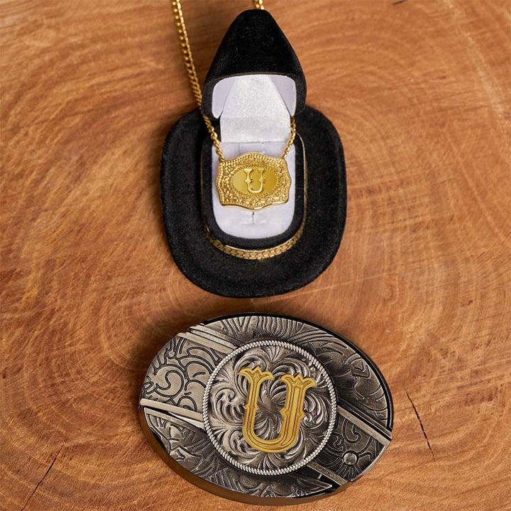 Initial Letter DIY Hidden Knife Belt Buckle Gold Necklace Bundle Set - U - Without Belt - image 26