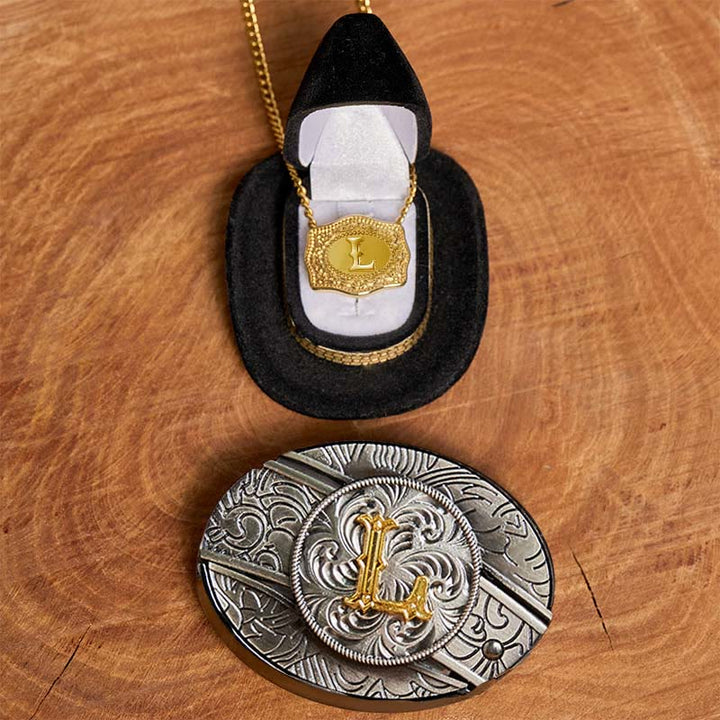 Initial Letter DIY Hidden Knife Belt Buckle Gold Necklace Bundle Set - L - Without Belt - image 17