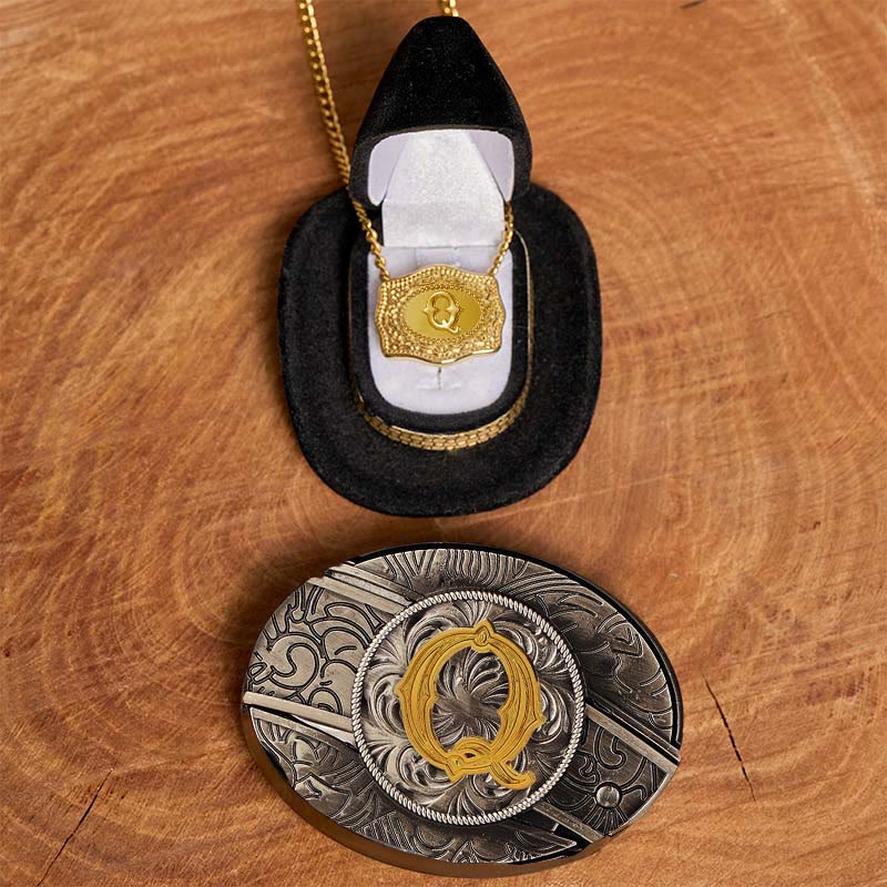 Initial Letter DIY Hidden Knife Belt Buckle Gold Necklace Bundle Set - Q - Without Belt - image 22
