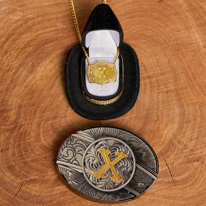 Initial Letter DIY Hidden Knife Belt Buckle Gold Necklace Bundle Set - X - Without Belt - image 29