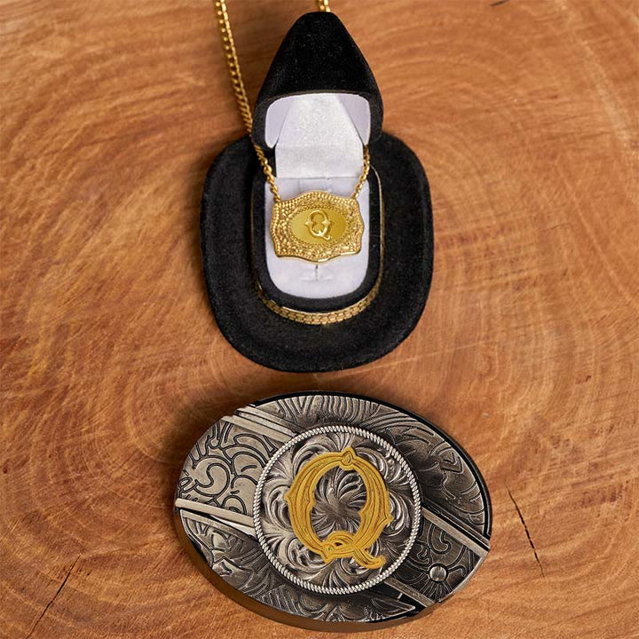 Initial Letter DIY Hidden Knife Belt Buckle Gold Necklace Bundle Set - Q - Without Belt - image 22