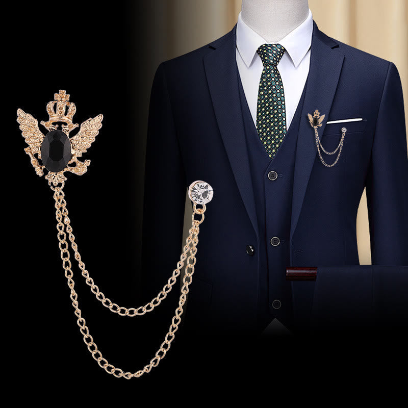 Retro Gem-Adorned Eagle and Crown Double-Chain Gold Accent Brooch - image 3